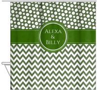 Thumbnail for Personalized Polka Dots and Chevron III Shower Curtain - Green and White - Circle Nameplate - Hanging View