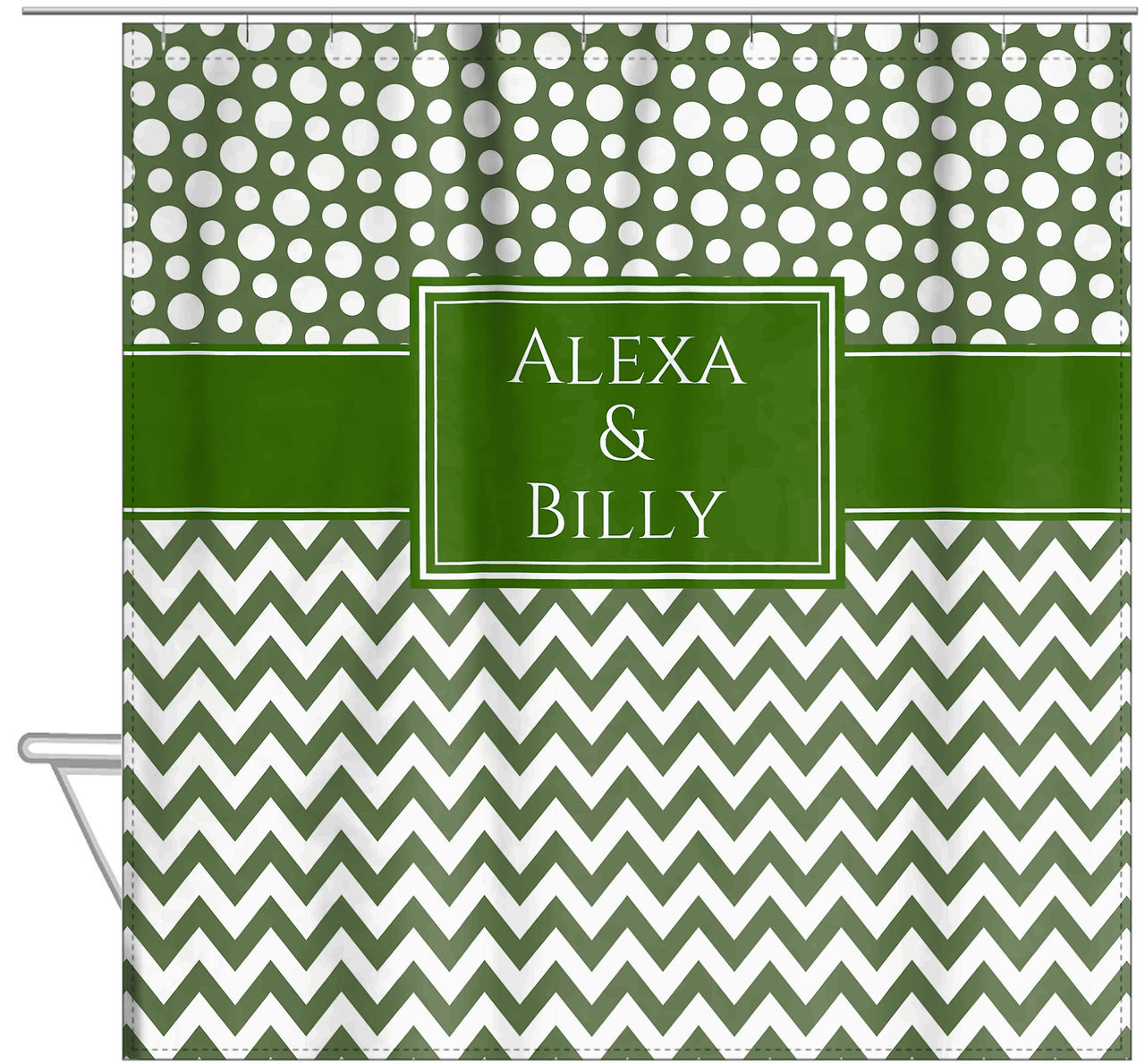 Personalized Polka Dots and Chevron III Shower Curtain - Green and White - Rectangle Nameplate - Hanging View