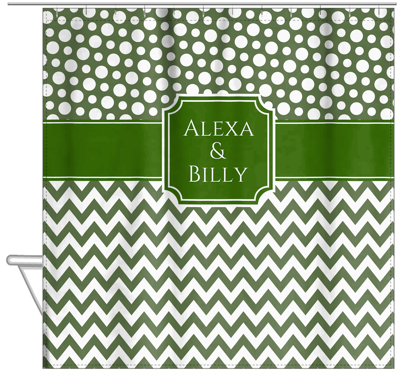 Personalized Polka Dots and Chevron III Shower Curtain - Green and White - Stamp Nameplate - Hanging View