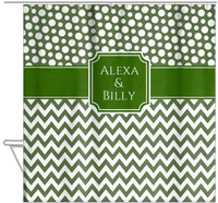 Thumbnail for Personalized Polka Dots and Chevron III Shower Curtain - Green and White - Stamp Nameplate - Hanging View