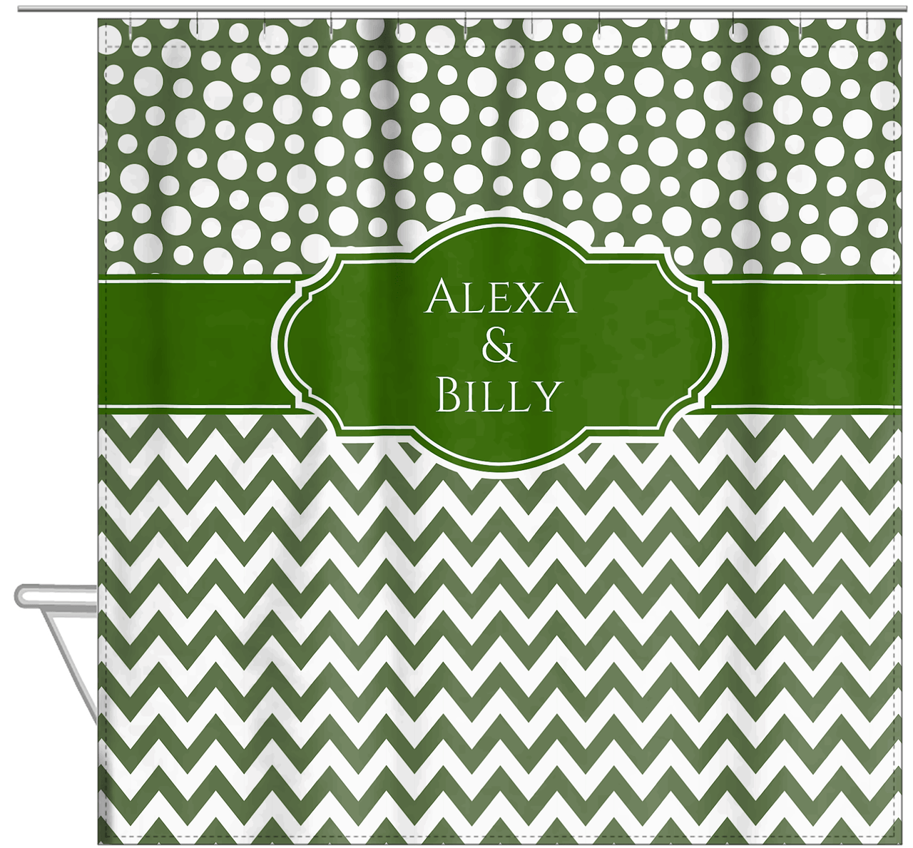 Personalized Polka Dots and Chevron III Shower Curtain - Green and White - Fancy Nameplate - Hanging View