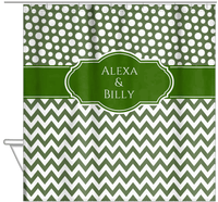 Thumbnail for Personalized Polka Dots and Chevron III Shower Curtain - Green and White - Fancy Nameplate - Hanging View