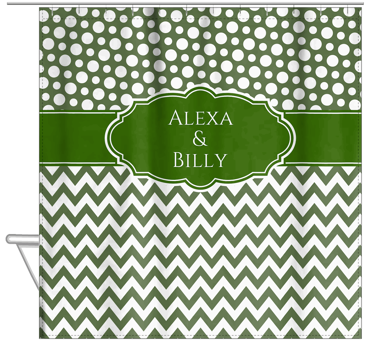 Personalized Polka Dots and Chevron III Shower Curtain - Green and White - Fancy Nameplate II - Hanging View