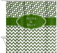 Thumbnail for Personalized Polka Dots and Chevron III Shower Curtain - Green and White - Fancy Nameplate II - Hanging View