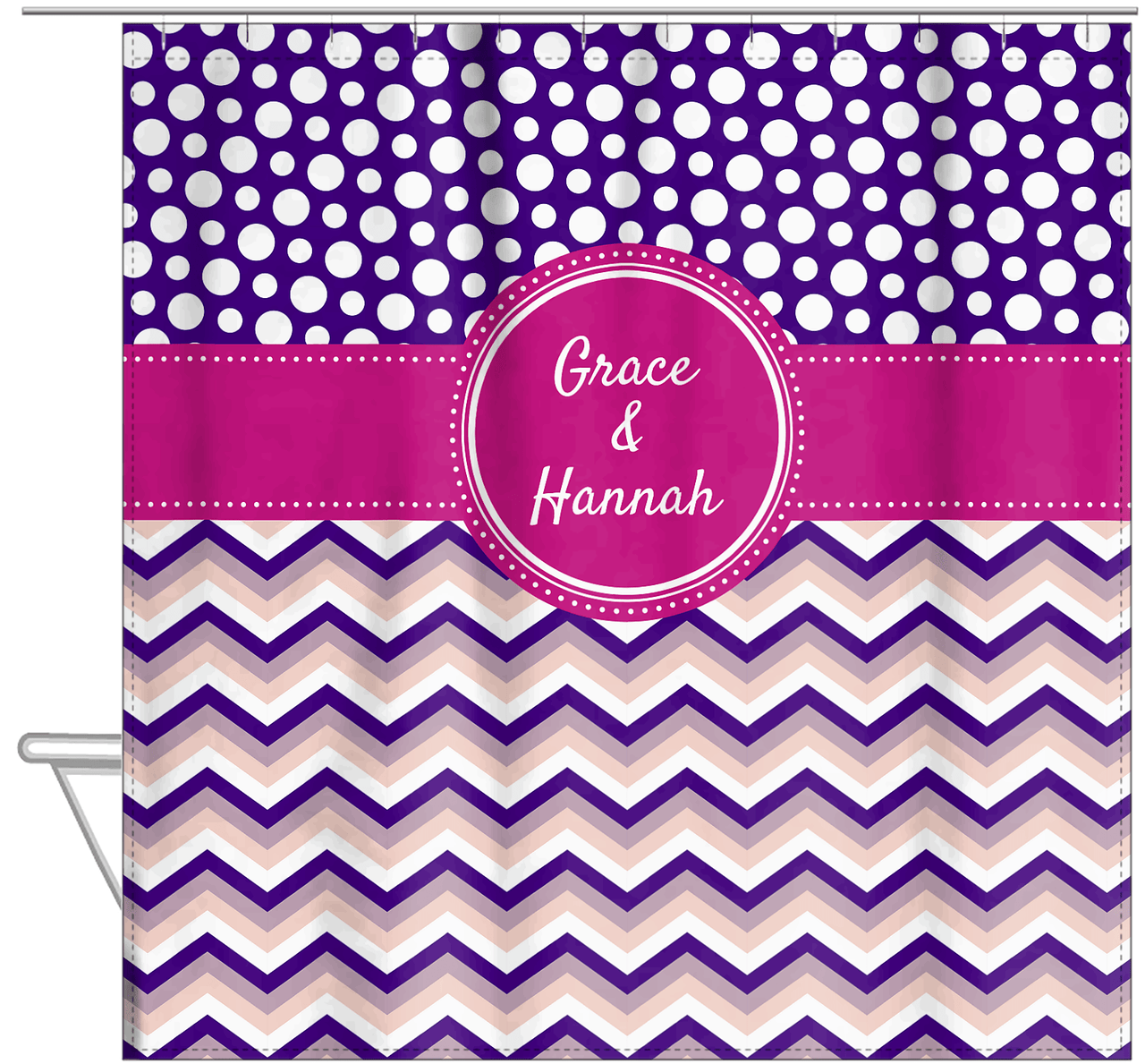 Personalized Polka Dots and Chevron IV Shower Curtain - Pink and Purple - Circle Nameplate - Hanging View