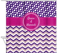 Thumbnail for Personalized Polka Dots and Chevron IV Shower Curtain - Pink and Purple - Circle Nameplate - Hanging View