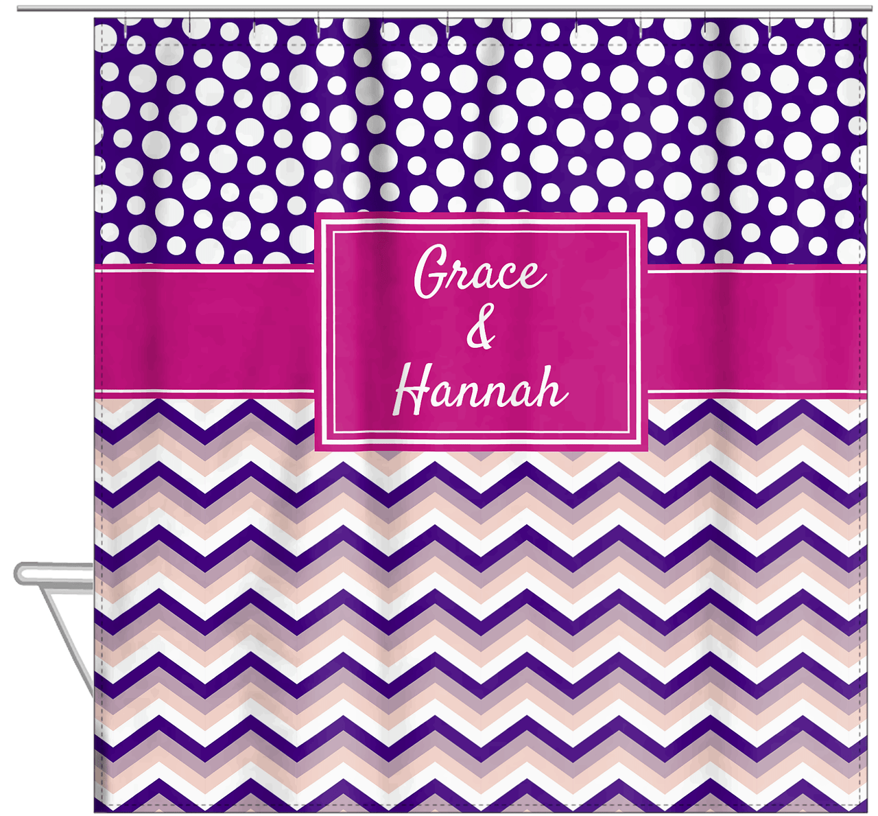 Personalized Polka Dots and Chevron IV Shower Curtain - Pink and Purple - Rectangle Nameplate - Hanging View