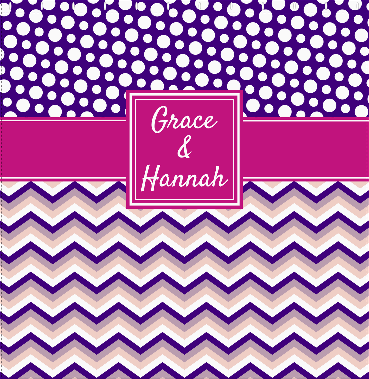 Personalized Polka Dots and Chevron IV Shower Curtain - Pink and Purple - Square Nameplate - Decorate View