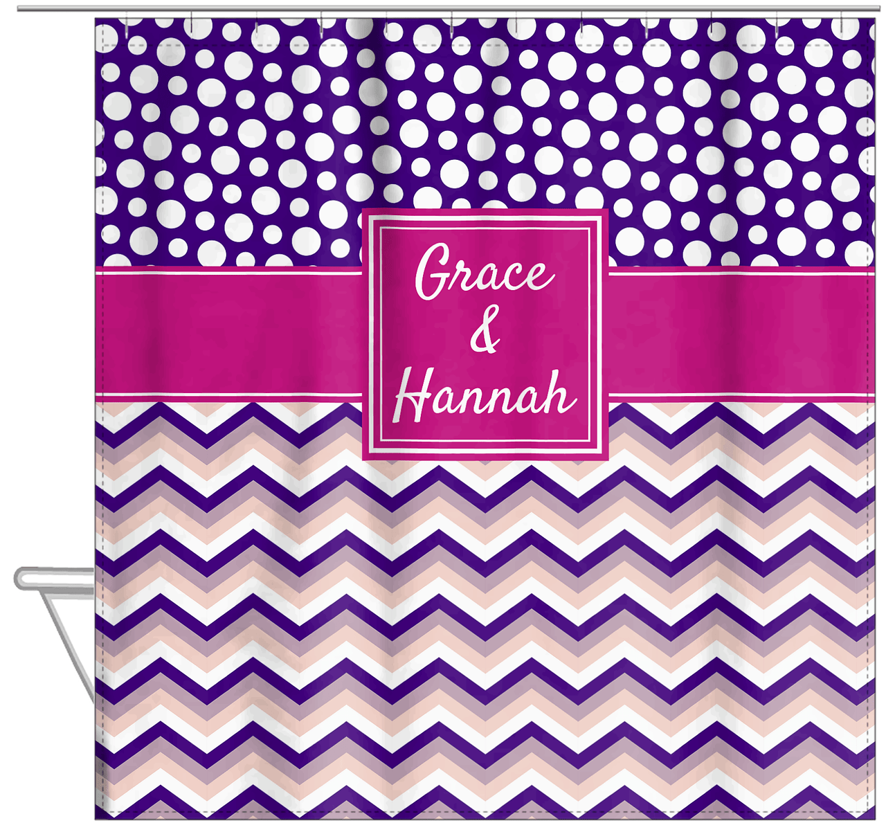Personalized Polka Dots and Chevron IV Shower Curtain - Pink and Purple - Square Nameplate - Hanging View