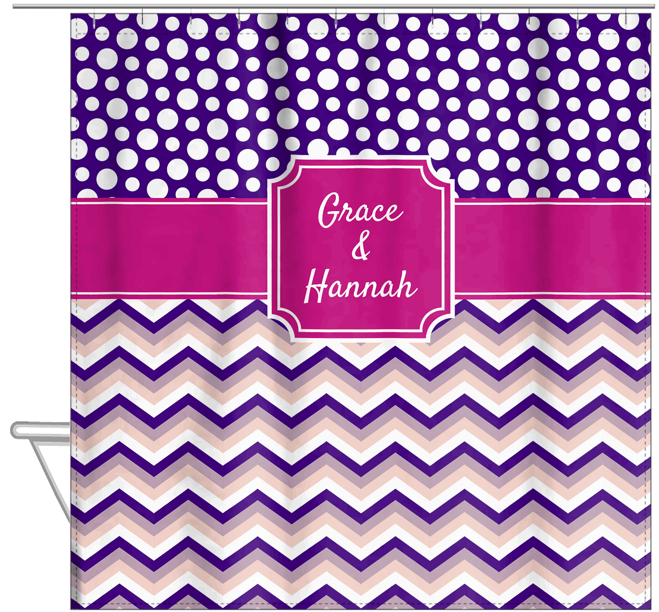 Personalized Polka Dots and Chevron IV Shower Curtain - Pink and Purple - Stamp Nameplate - Hanging View