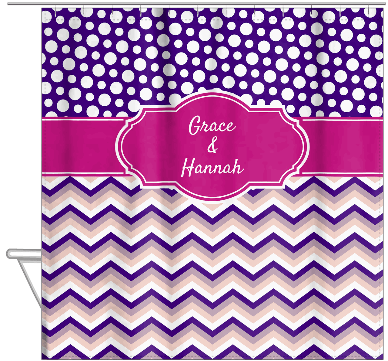 Personalized Polka Dots and Chevron IV Shower Curtain - Pink and Purple - Fancy Nameplate - Hanging View