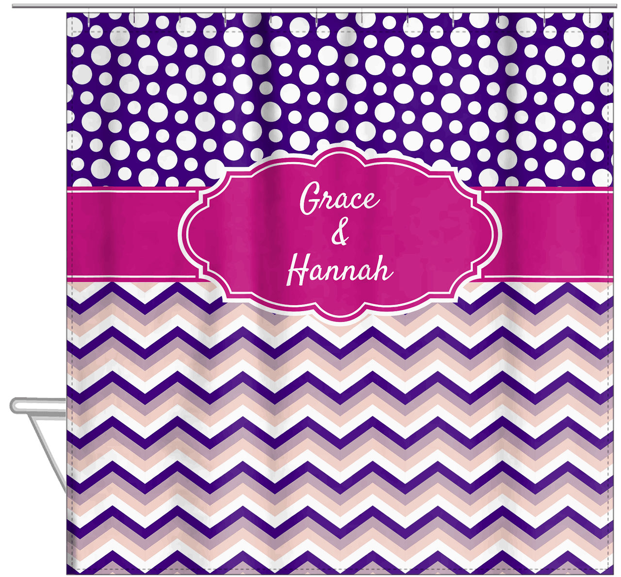 Personalized Polka Dots and Chevron IV Shower Curtain - Pink and Purple - Fancy Nameplate II - Hanging View