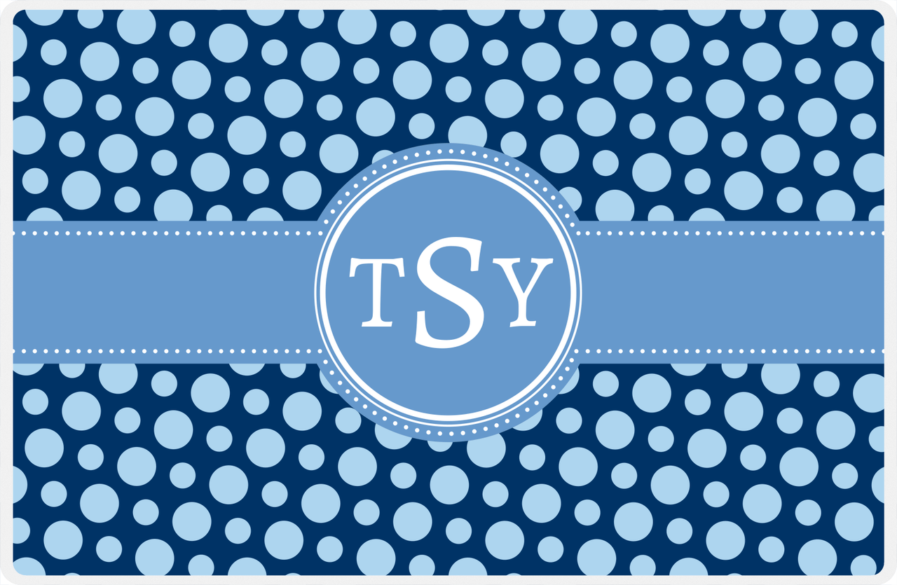 Personalized Polka Dot Placemat - Navy and Light Blue - Glacier Circle Frame With Ribbon -  View