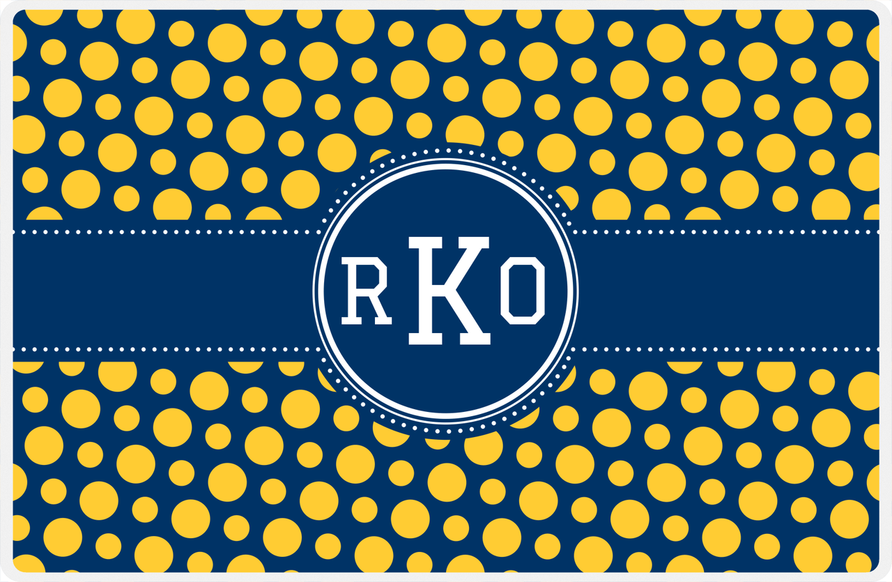 Personalized Polka Dot Placemat - Navy and Mustard - Navy Circle Frame With Ribbon -  View