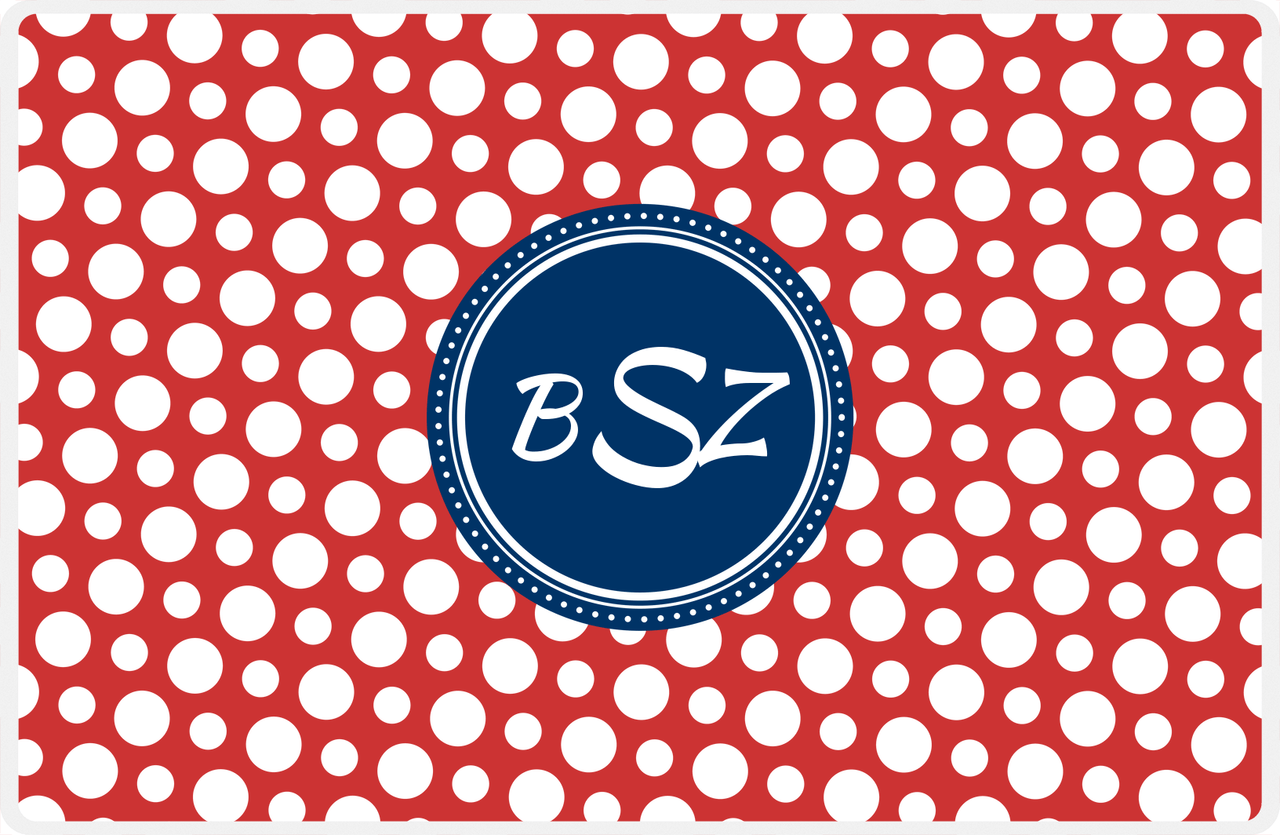 Personalized Polka Dot Placemat - Cherry Red and White - Navy Circle Frame -  View