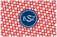 Thumbnail for Personalized Polka Dot Placemat - Cherry Red and White - Navy Circle Frame -  View