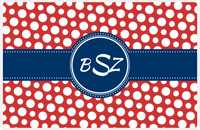 Thumbnail for Personalized Polka Dot Placemat - Cherry Red and White - Navy Circle Frame With Ribbon -  View