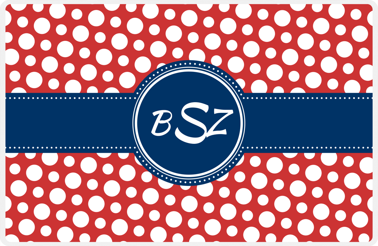 Personalized Polka Dot Placemat - Cherry Red and White - Navy Circle Frame With Ribbon -  View