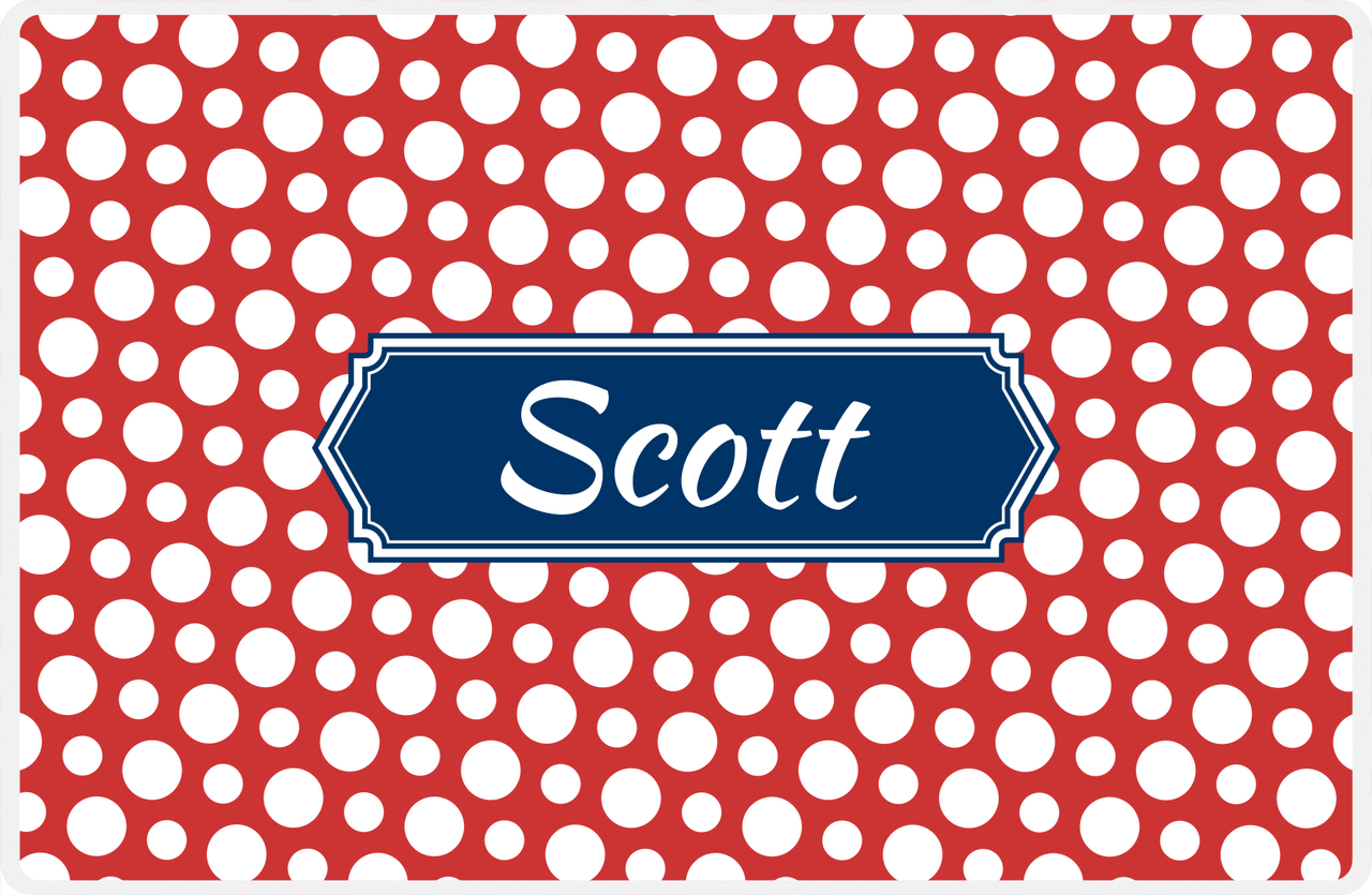 Personalized Polka Dot Placemat - Cherry Red and White - Navy Decorative Rectangle Frame -  View