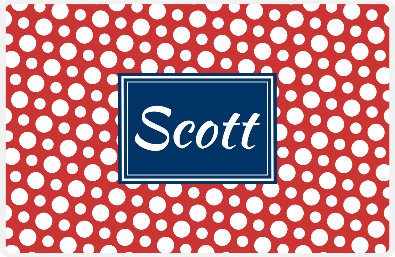 Personalized Polka Dot Placemat - Cherry Red and White - Navy Rectangle Frame -  View