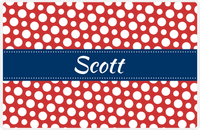 Thumbnail for Personalized Polka Dot Placemat - Cherry Red and White - Navy Ribbon Frame -  View