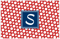 Thumbnail for Personalized Polka Dot Placemat - Cherry Red and White - Navy Square Frame -  View