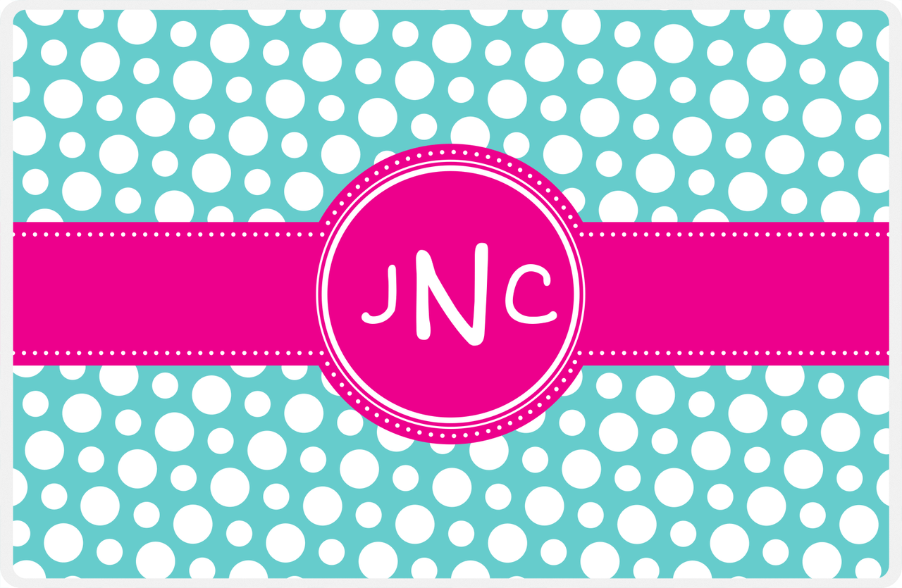 Personalized Polka Dot Placemat - Viking Blue and White - Hot Pink Circle Frame With Ribbon -  View