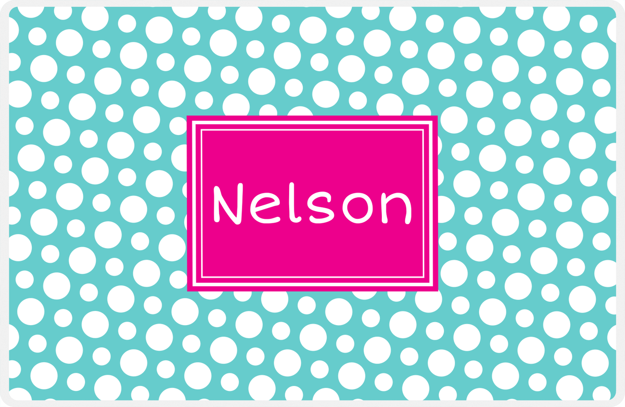 Personalized Polka Dot Placemat - Viking Blue and White - Hot Pink Rectangle Frame -  View