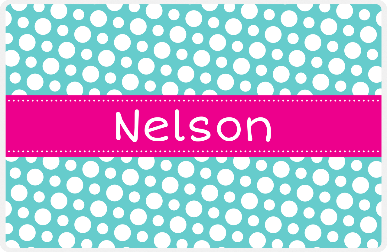 Personalized Polka Dot Placemat - Viking Blue and White - Hot Pink Ribbon Frame -  View