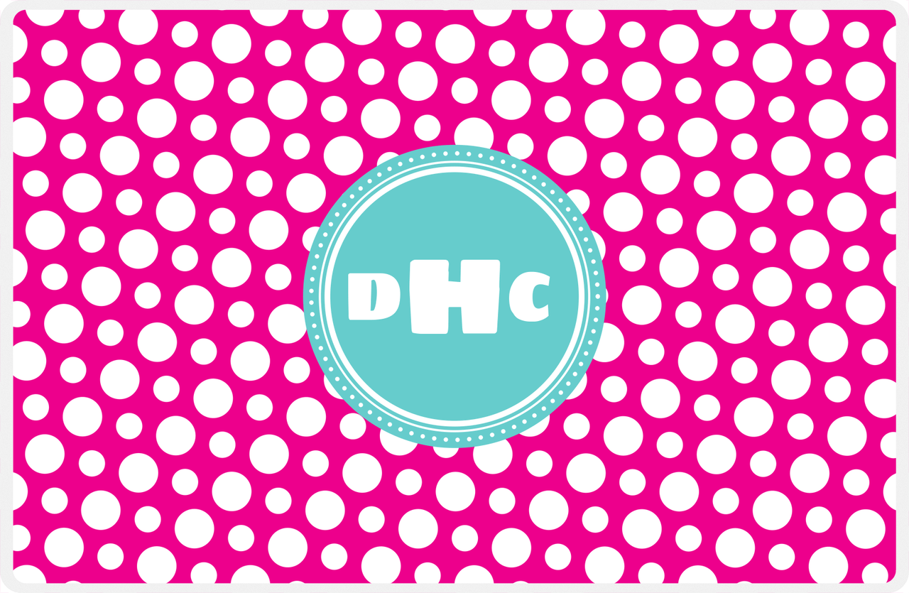 Personalized Polka Dot Placemat - Hot Pink and White - Viking Blue Circle Frame -  View