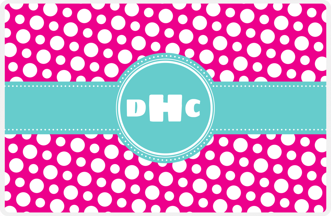 Personalized Polka Dot Placemat - Hot Pink and White - Viking Blue Circle Frame With Ribbon -  View
