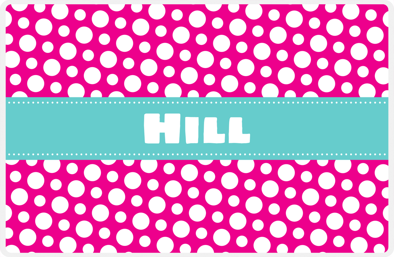 Personalized Polka Dot Placemat - Hot Pink and White - Viking Blue Ribbon Frame -  View