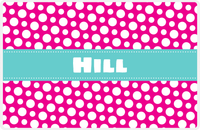 Thumbnail for Personalized Polka Dot Placemat - Hot Pink and White - Viking Blue Ribbon Frame -  View