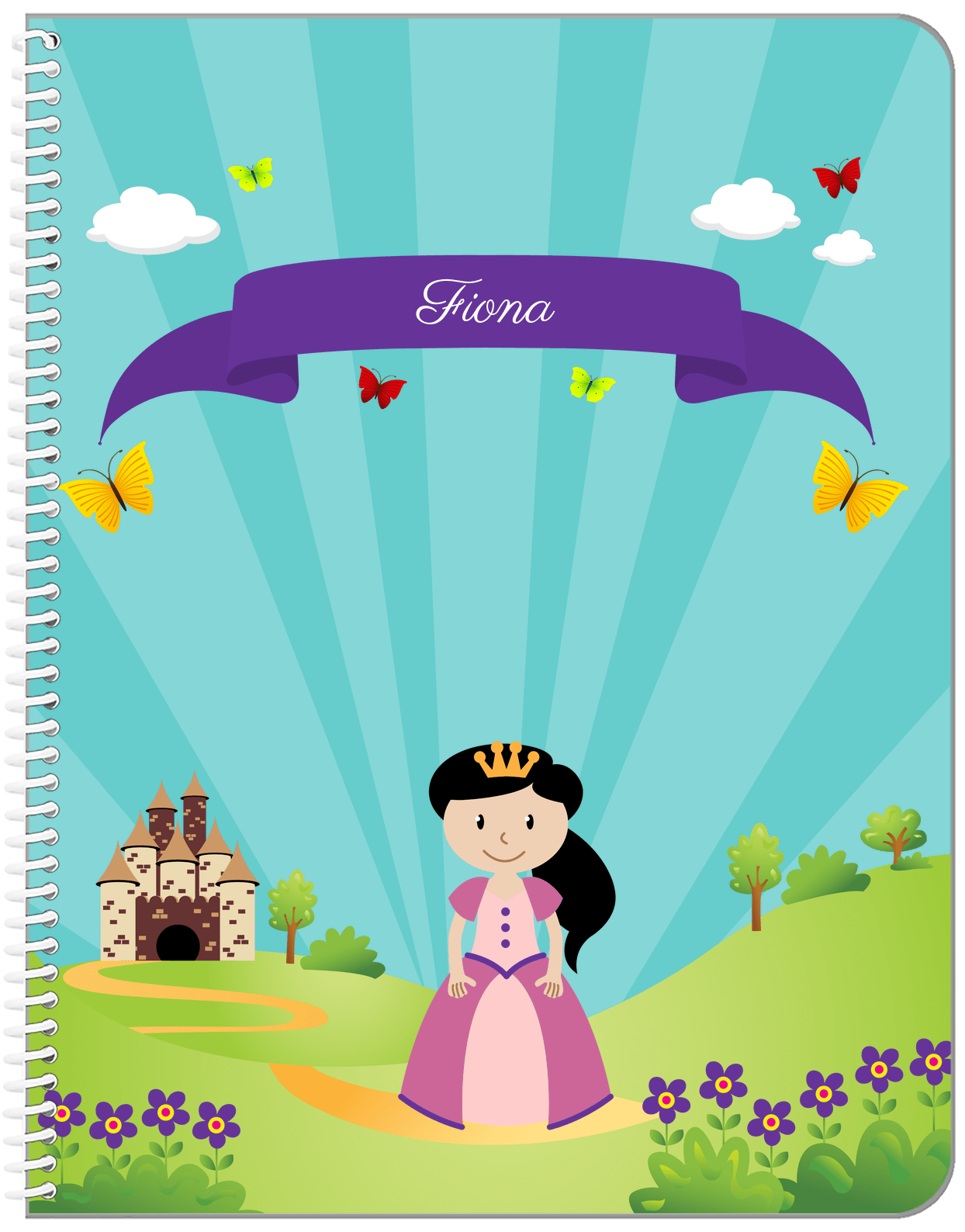Personalized Princess Notebook II - Teal Background - Black Hair Princess - Front View