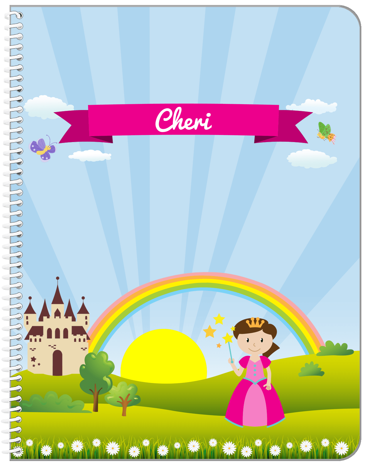 Personalized Princess Notebook III - Blue Background - Brunette Princess - Front View