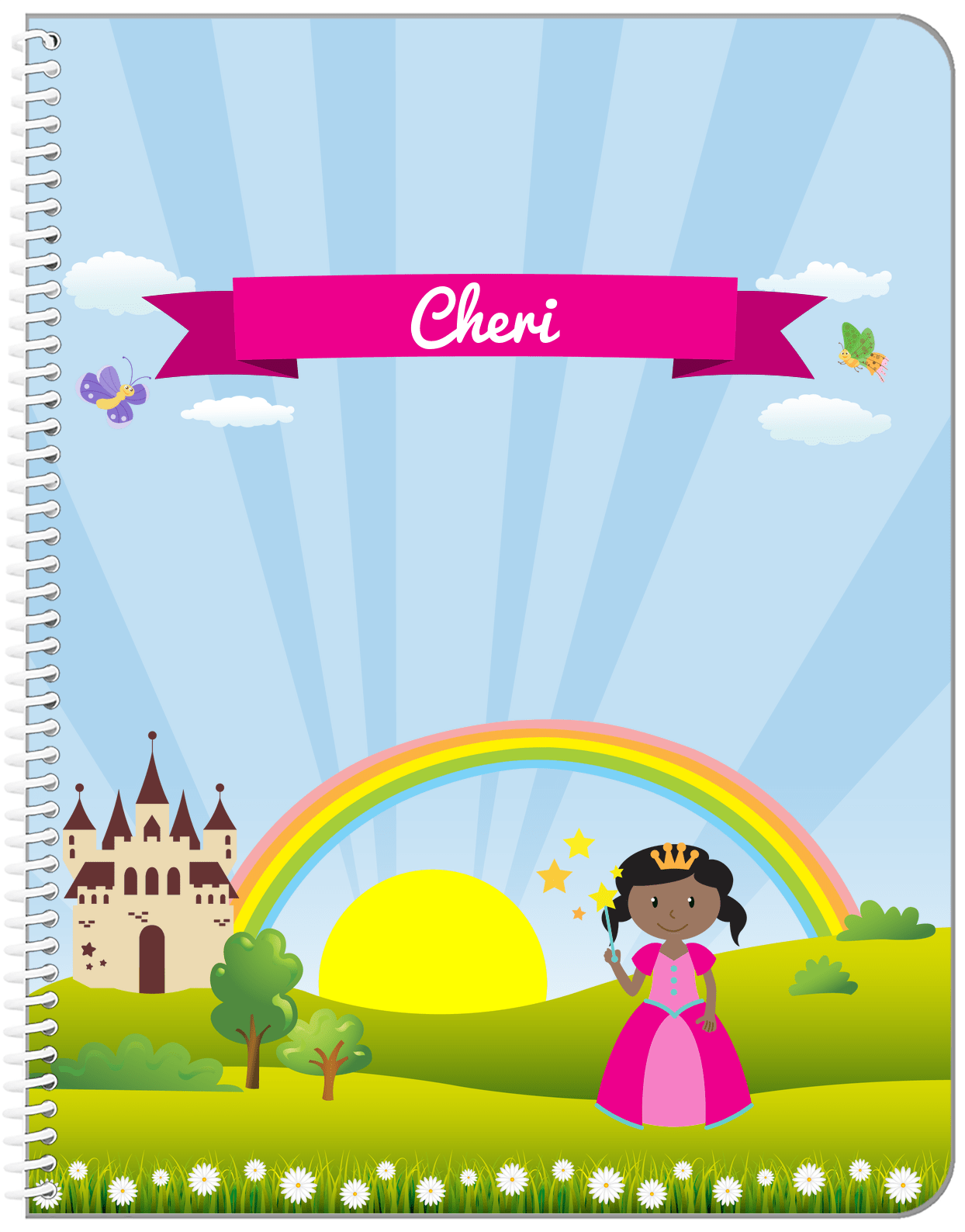 Personalized Princess Notebook III - Blue Background - Black Princess - Front View