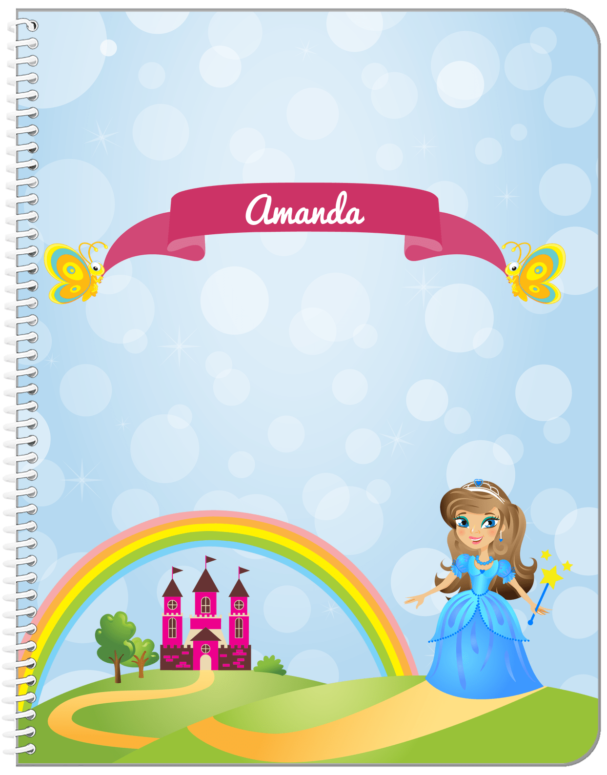 Personalized Princess Notebook IV - Blue Background - Brunette Princess - Front View