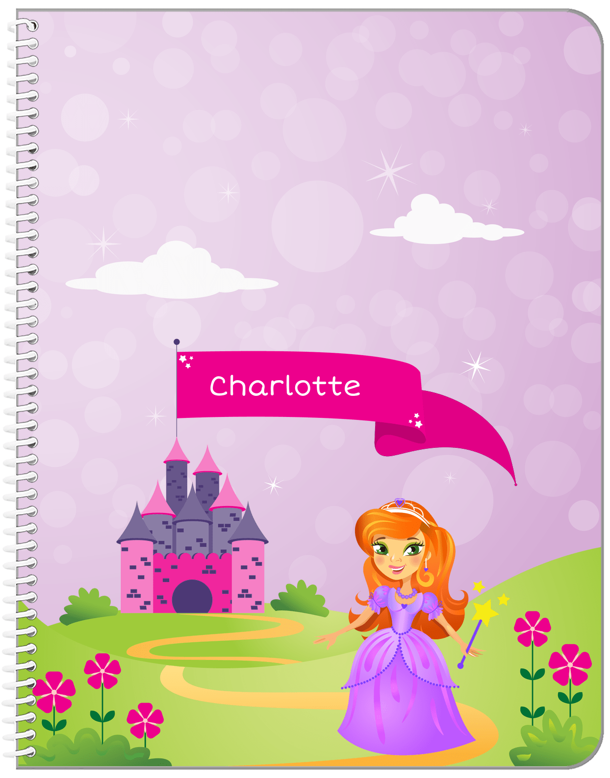 Personalized Princess Notebook V - Pink Background - Redhead Princess - Front View