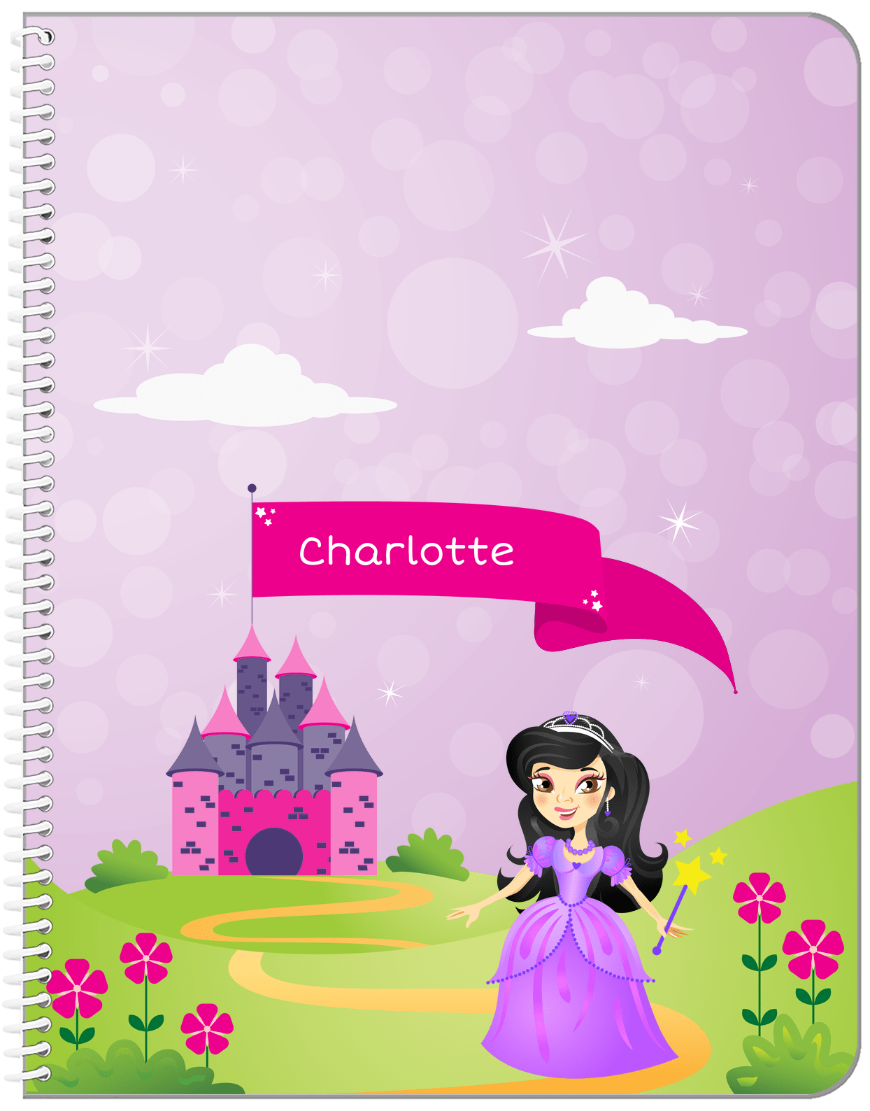 Personalized Princess Notebook V - Pink Background - Black Hair Princess - Front View
