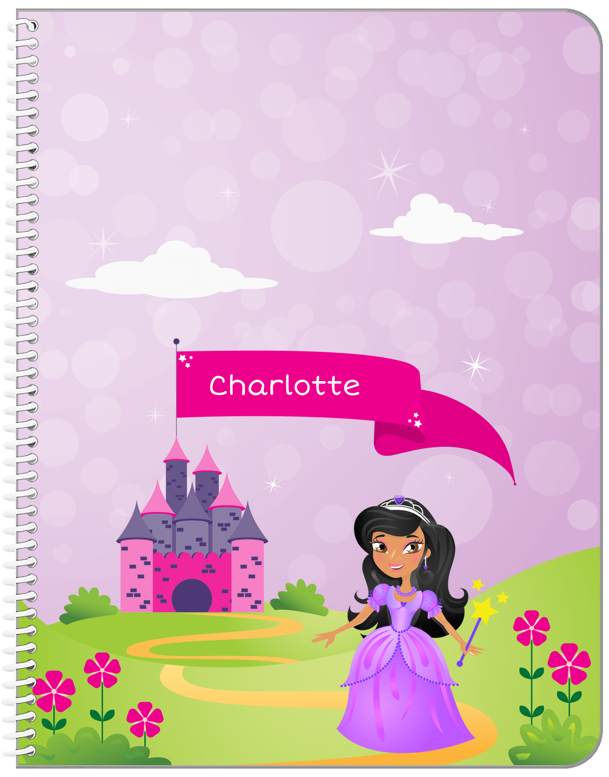 Personalized Princess Notebook V - Pink Background - Black Princess - Front View