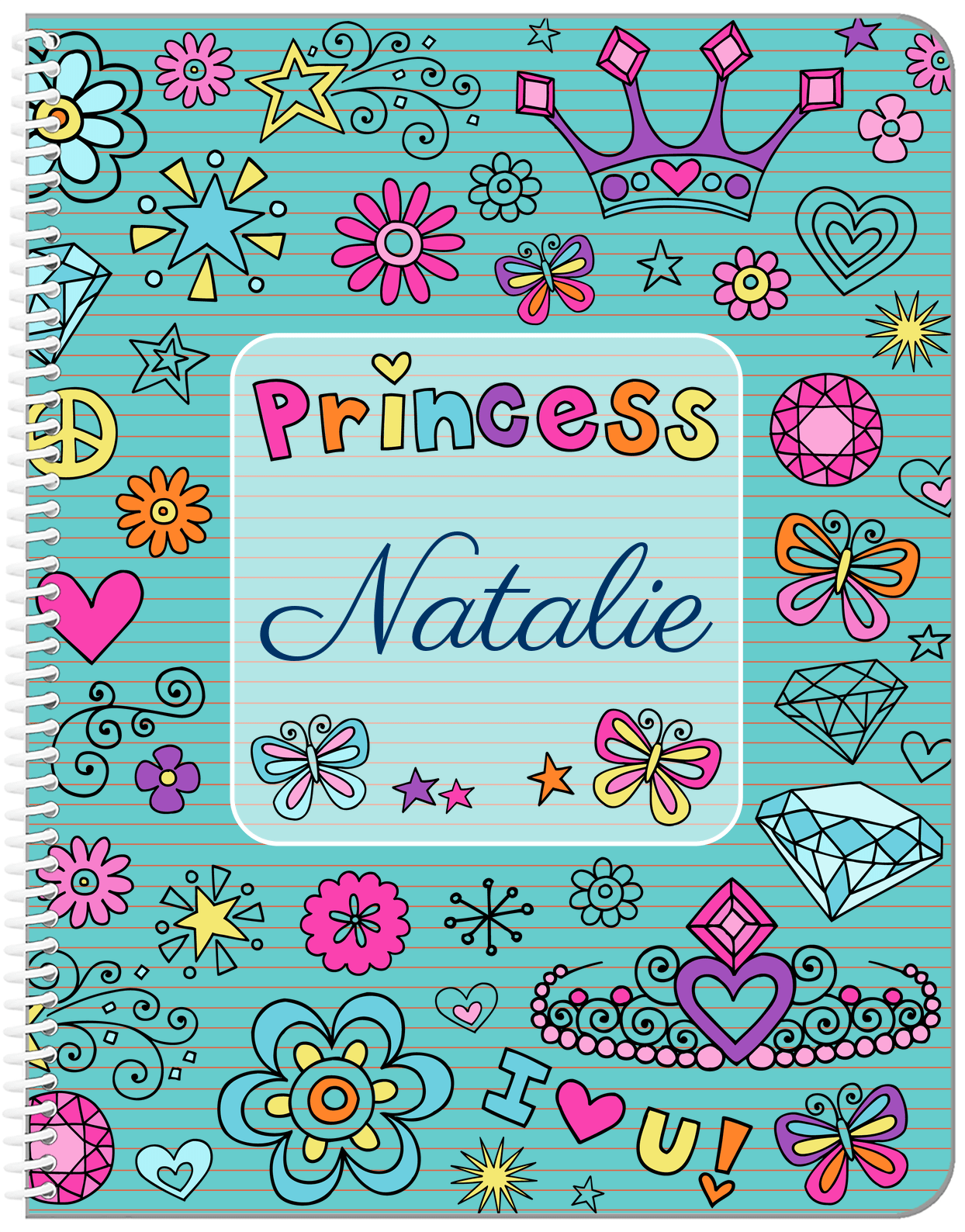 Personalized Princess Notebook VI - Teal Background - Front View