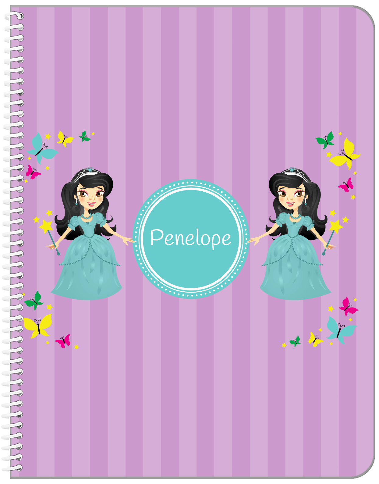 Personalized Princess Notebook VII - Purple Background - Black Hair Princess - Front View
