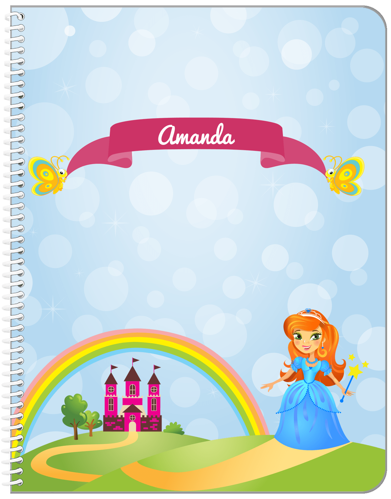 Personalized Princess Notebook IV - Blue Background - Redhead Princess - Front View