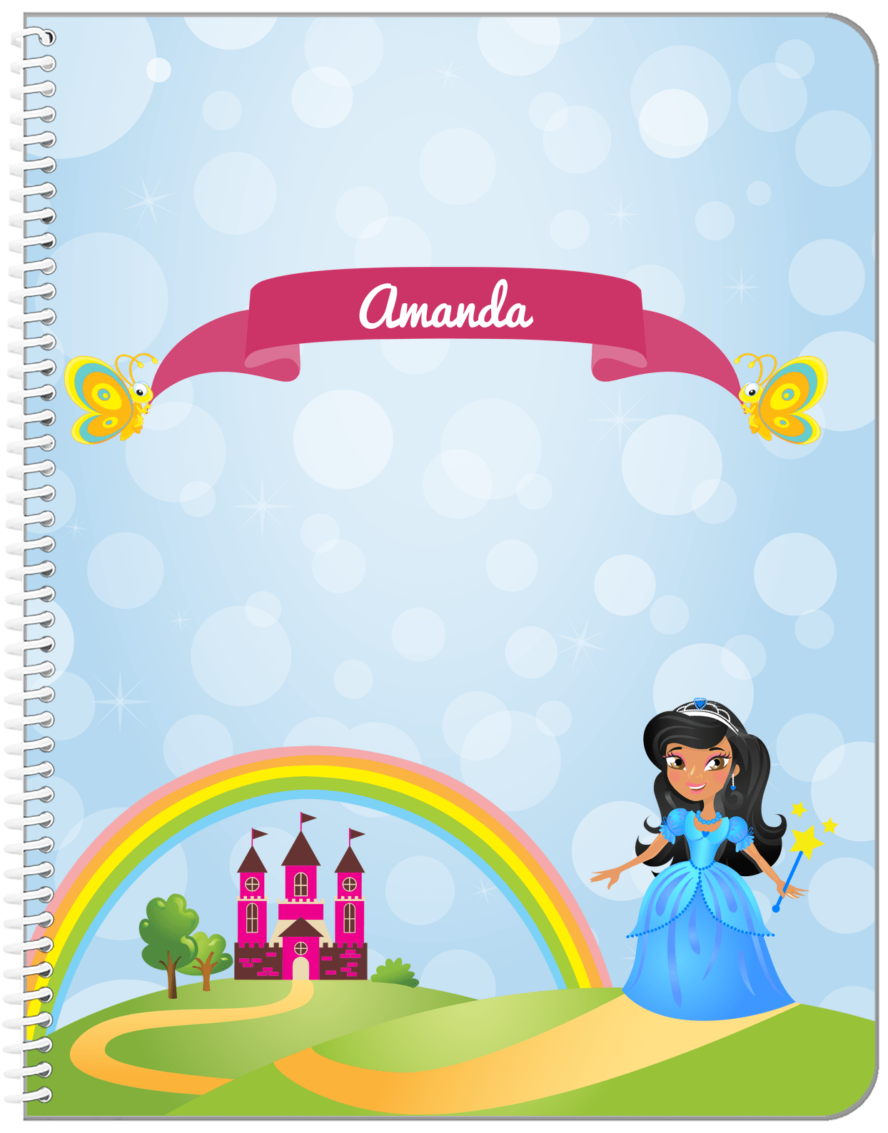 Personalized Princess Notebook IV - Blue Background - Black Princess - Front View
