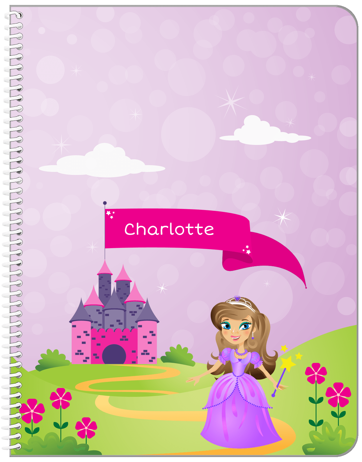 Personalized Princess Notebook V - Pink Background - Brunette Princess - Front View