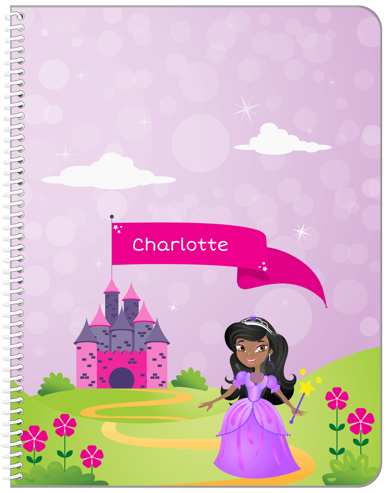 Personalized Princess Notebook V - Pink Background - Black Princess II - Front View
