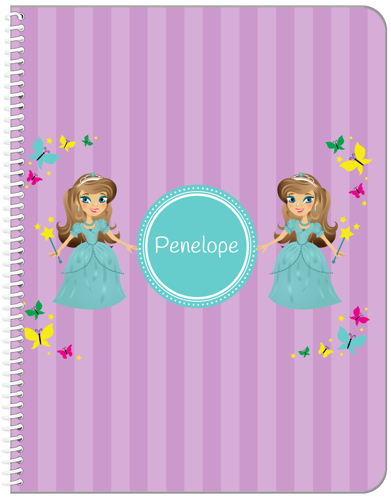 Personalized Princess Notebook VII - Purple Background - Brunette Princess - Front View