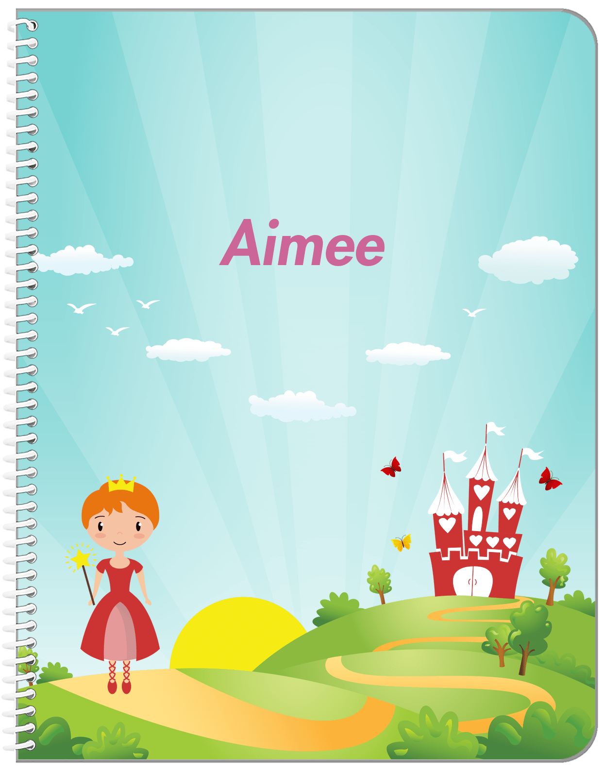 Personalized Princess Notebook VIII - Teal Background - Redhead Princess - Front View