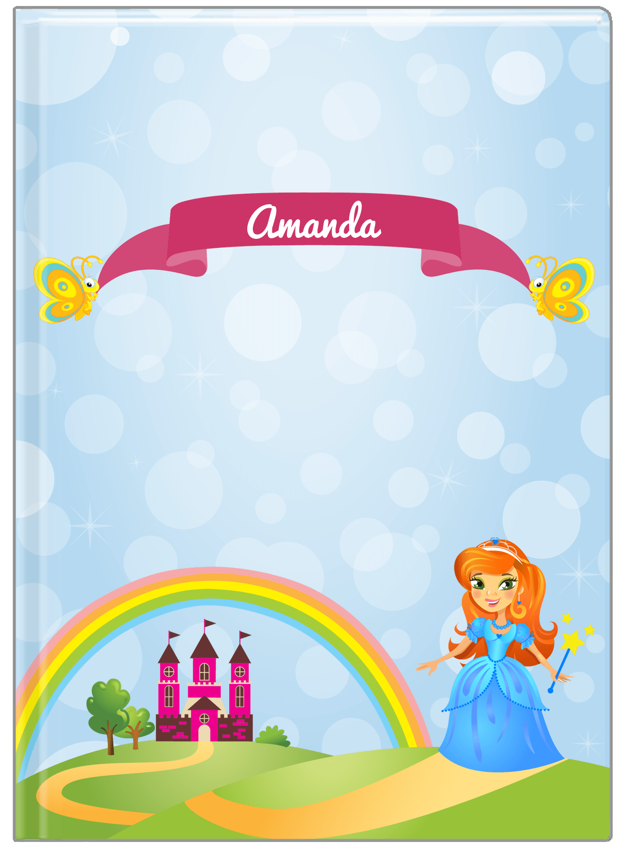 Personalized Princess Journal IV - Blue Background - Redhead Princess - Front View