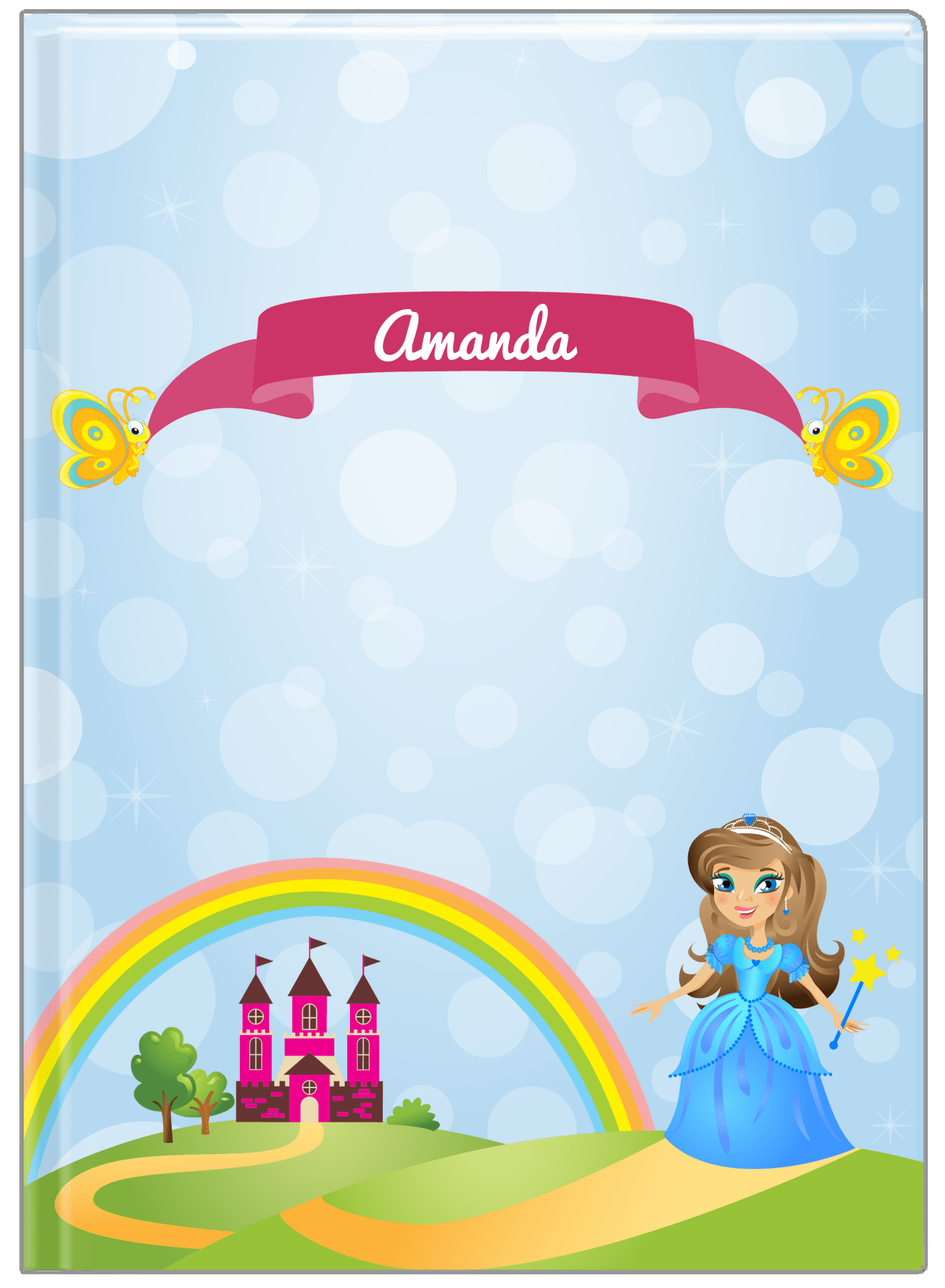 Personalized Princess Journal IV - Blue Background - Brunette Princess - Front View